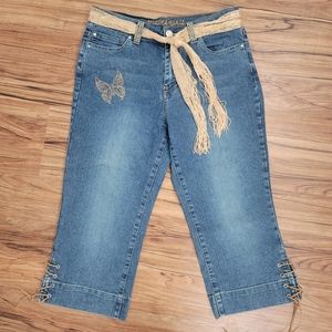 Arozona Blue Denim Fashion Capri Shorts Jeans Gold Jeweled Butterflies Sz: 16
